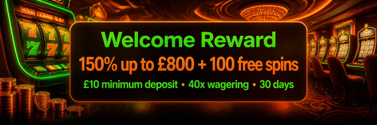 Lavish orange and green casino interior with glowing slot machines, coin stacks and a welcome bonus panel
