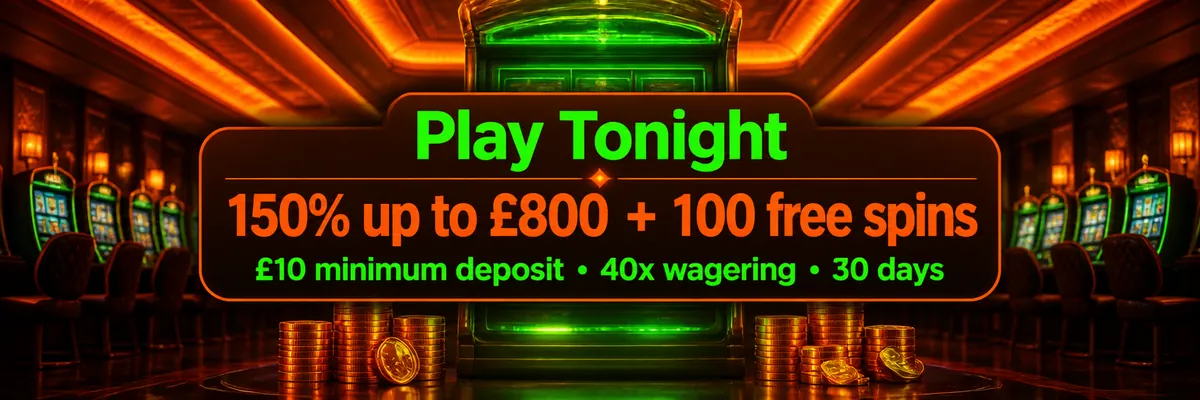Dark branded casino interior centred on a large gaming machine with glowing screens and promotional offer panel