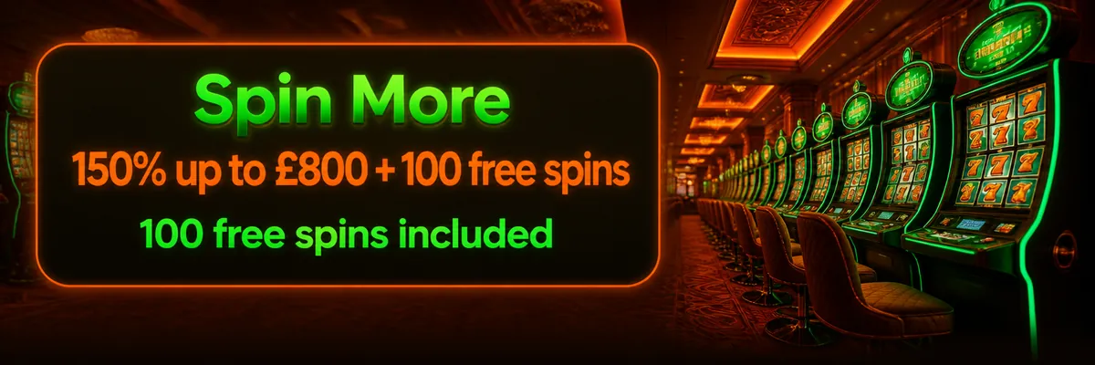 Cinematic casino aisle with upholstered chairs, glowing slot screens and a free spins promotion